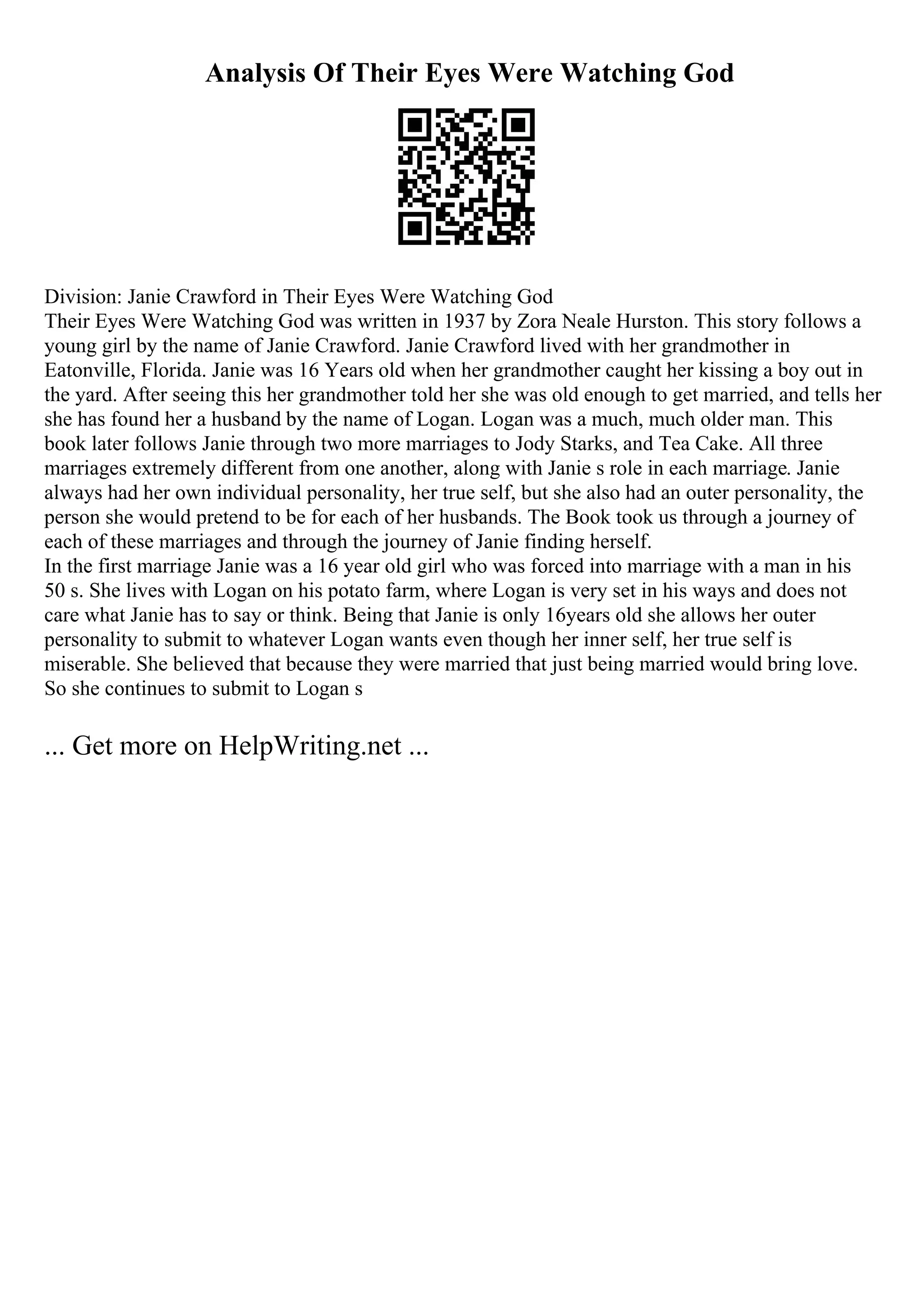 Analysis Of Their Eyes Were Watching God
Division: Janie Crawford in Their Eyes Were Watching God
Their Eyes Were Watching God was written in 1937 by Zora Neale Hurston. This story follows a
young girl by the name of Janie Crawford. Janie Crawford lived with her grandmother in
Eatonville, Florida. Janie was 16 Years old when her grandmother caught her kissing a boy out in
the yard. After seeing this her grandmother told her she was old enough to get married, and tells her
she has found her a husband by the name of Logan. Logan was a much, much older man. This
book later follows Janie through two more marriages to Jody Starks, and Tea Cake. All three
marriages extremely different from one another, along with Janie s role in each marriage. Janie
always had her own individual personality, her true self, but she also had an outer personality, the
person she would pretend to be for each of her husbands. The Book took us through a journey of
each of these marriages and through the journey of Janie finding herself.
In the first marriage Janie was a 16 year old girl who was forced into marriage with a man in his
50 s. She lives with Logan on his potato farm, where Logan is very set in his ways and does not
care what Janie has to say or think. Being that Janie is only 16years old she allows her outer
personality to submit to whatever Logan wants even though her inner self, her true self is
miserable. She believed that because they were married that just being married would bring love.
So she continues to submit to Logan s
... Get more on HelpWriting.net ...
 