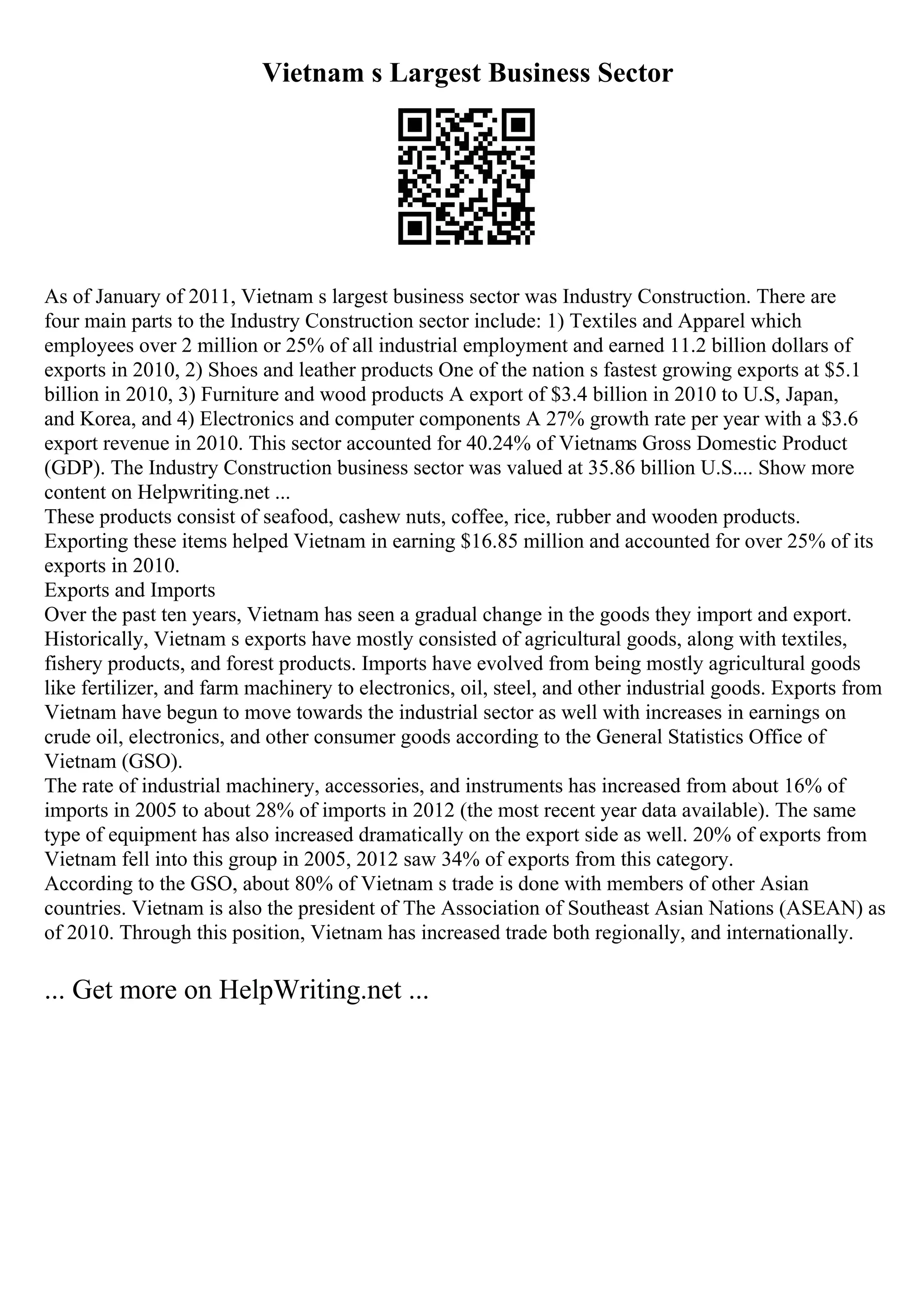 Vietnam s Largest Business Sector
As of January of 2011, Vietnam s largest business sector was Industry Construction. There are
four main parts to the Industry Construction sector include: 1) Textiles and Apparel which
employees over 2 million or 25% of all industrial employment and earned 11.2 billion dollars of
exports in 2010, 2) Shoes and leather products One of the nation s fastest growing exports at $5.1
billion in 2010, 3) Furniture and wood products A export of $3.4 billion in 2010 to U.S, Japan,
and Korea, and 4) Electronics and computer components A 27% growth rate per year with a $3.6
export revenue in 2010. This sector accounted for 40.24% of Vietnams Gross Domestic Product
(GDP). The Industry Construction business sector was valued at 35.86 billion U.S.... Show more
content on Helpwriting.net ...
These products consist of seafood, cashew nuts, coffee, rice, rubber and wooden products.
Exporting these items helped Vietnam in earning $16.85 million and accounted for over 25% of its
exports in 2010.
Exports and Imports
Over the past ten years, Vietnam has seen a gradual change in the goods they import and export.
Historically, Vietnam s exports have mostly consisted of agricultural goods, along with textiles,
fishery products, and forest products. Imports have evolved from being mostly agricultural goods
like fertilizer, and farm machinery to electronics, oil, steel, and other industrial goods. Exports from
Vietnam have begun to move towards the industrial sector as well with increases in earnings on
crude oil, electronics, and other consumer goods according to the General Statistics Office of
Vietnam (GSO).
The rate of industrial machinery, accessories, and instruments has increased from about 16% of
imports in 2005 to about 28% of imports in 2012 (the most recent year data available). The same
type of equipment has also increased dramatically on the export side as well. 20% of exports from
Vietnam fell into this group in 2005, 2012 saw 34% of exports from this category.
According to the GSO, about 80% of Vietnam s trade is done with members of other Asian
countries. Vietnam is also the president of The Association of Southeast Asian Nations (ASEAN) as
of 2010. Through this position, Vietnam has increased trade both regionally, and internationally.
... Get more on HelpWriting.net ...
 