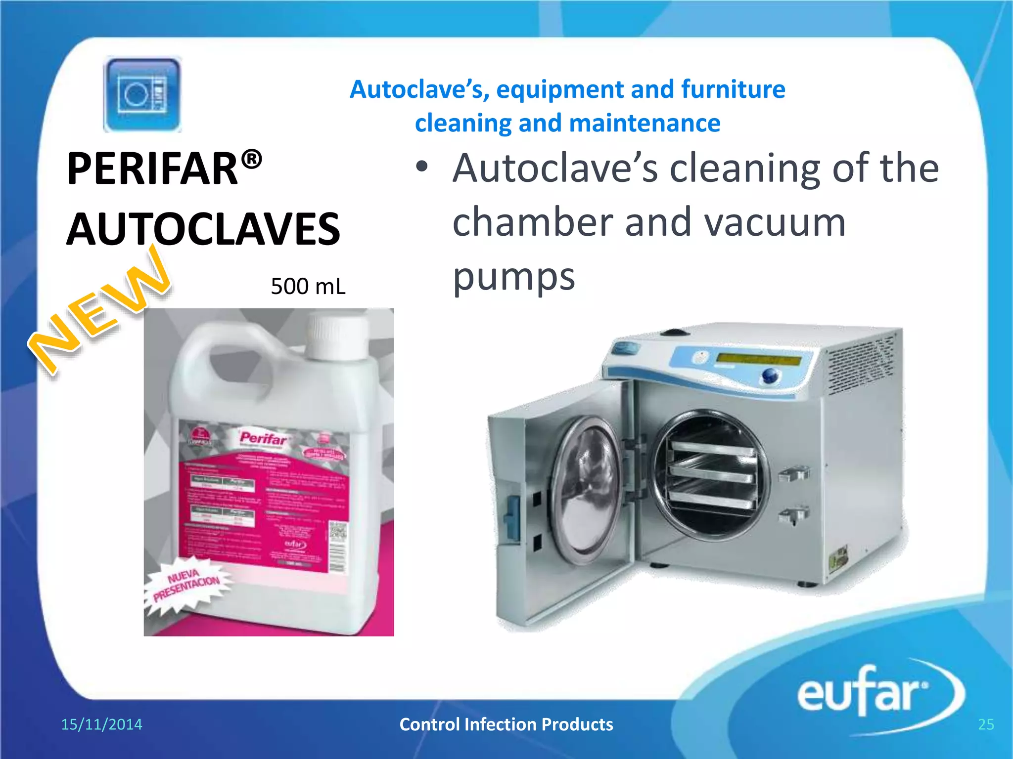 BONZYME® Enzymatic Detergent
• Using way
– Liquid concentrate
• Dilute 7,5 mL in 1 Litre of
potable water.
– 1 minute acting.
• Yield
– Bottle of 90 mL yields 12 L.
– Bottle of 500 mL yields 66,6 L.
– Bottle of Liter yields 133,2 L.
– Gallon of 3,8 L yields 506,6 L.
– Gallon of 5 L yields 661 L.
05/01/2017 CONTROL INFECTION PRODUCTS 25
Instruments washing
 
