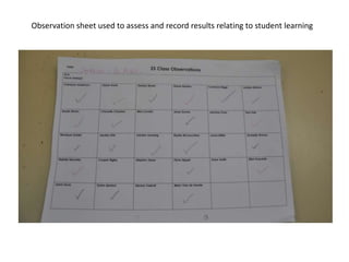 Observation sheet used to assess and record results relating to student learning 