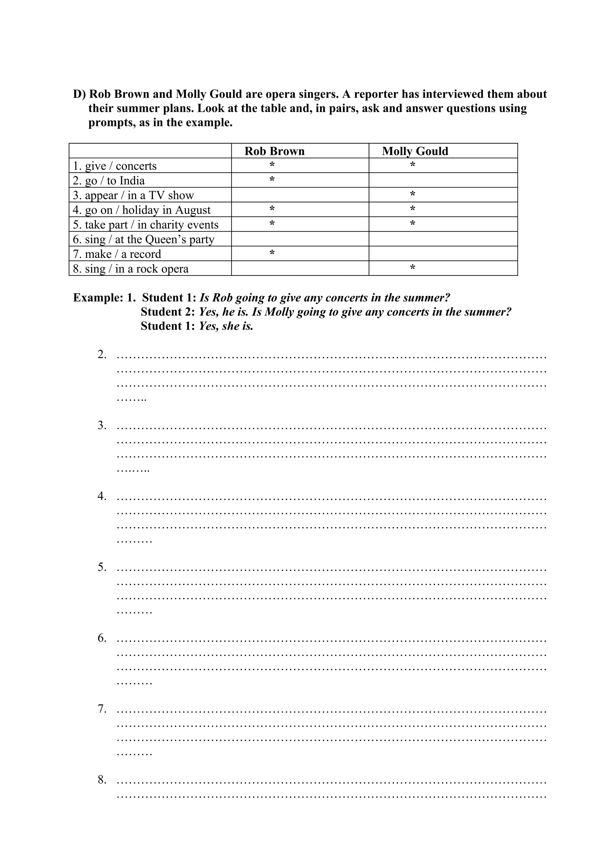 D) Rob Brown and Molly Gould are opera singers. A reporter has interviewed them about
their summer plans. Look at the table and, in pairs, ask and answer questions using
prompts, as in the example.
Rob Brown Molly Gould
1. give / concerts * *
2. go / to India *
3. appear / in a TV show *
4. go on / holiday in August * *
5. take part / in charity events * *
6. sing / at the Queen’s party
7. make / a record *
8. sing / in a rock opera *
Example: 1. Student 1: Is Rob going to give any concerts in the summer?
Student 2: Yes, he is. Is Molly going to give any concerts in the summer?
Student 1: Yes, she is.
2. ……………………………………………………………………………………………
……………………………………………………………………………………………
……………………………………………………………………………………………
……..
3. ……………………………………………………………………………………………
……………………………………………………………………………………………
……………………………………………………………………………………………
….…..
4. ……………………………………………………………………………………………
……………………………………………………………………………………………
……………………………………………………………………………………………
………
5. ……………………………………………………………………………………………
……………………………………………………………………………………………
……………………………………………………………………………………………
………
6. ……………………………………………………………………………………………
……………………………………………………………………………………………
……………………………………………………………………………………………
………
7. ……………………………………………………………………………………………
……………………………………………………………………………………………
……………………………………………………………………………………………
………
8. ……………………………………………………………………………………………
……………………………………………………………………………………………
 