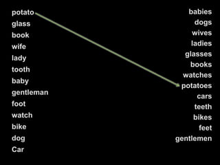 potato
glass
book
wife
lady
tooth
baby
gentleman
foot
watch
bike
dog
Car
babies
dogs
wives
ladies
glasses
books
watches
potatoes
cars
teeth
bikes
feet
gentlemen
 