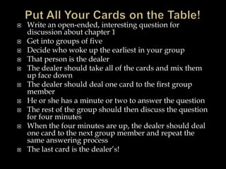 












Write an open-ended, interesting question for
discussion about chapter 1
Get into groups of five
Decide who woke up the earliest in your group
That person is the dealer
The dealer should take all of the cards and mix them
up face down
The dealer should deal one card to the first group
member
He or she has a minute or two to answer the question
The rest of the group should then discuss the question
for four minutes
When the four minutes are up, the dealer should deal
one card to the next group member and repeat the
same answering process
The last card is the dealer’s!

 