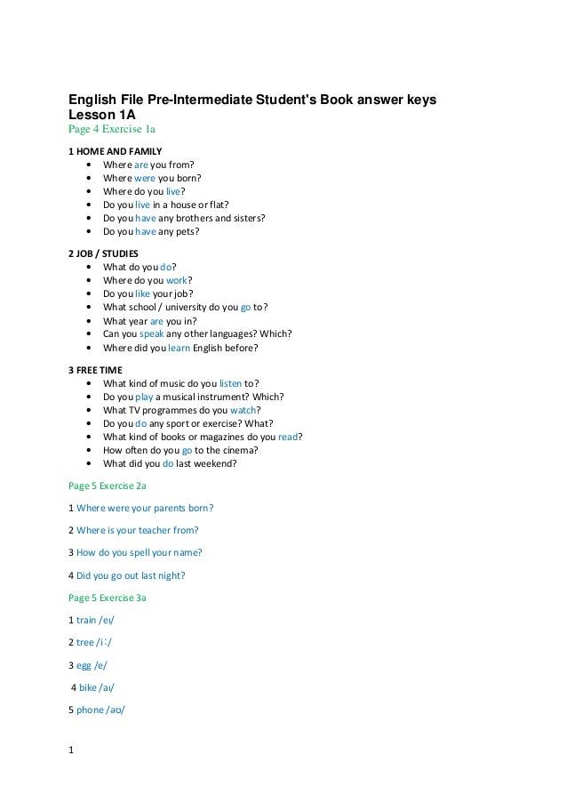 English File 3e Pre Int Sb Answer Key