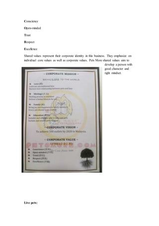 Conscience
Open-minded
Trust
Respect
Excellence
Shared values represent their corporate identity in this business. They emphasize on
individual core values as well as corporate values. Pets More shared values aim to
develop a person with
good character and
right mindset.
Live pets:
 