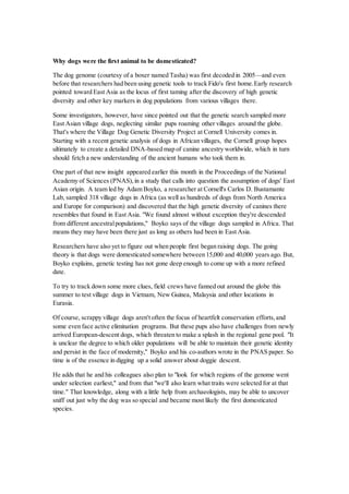 Why dogs were the first animal to be domesticated?
The dog genome (courtesy of a boxer named Tasha) was first decoded in 2005—and even
before that researchers had been using genetic tools to track Fido's first home.Early research
pointed toward East Asia as the locus of first taming after the discovery of high genetic
diversity and other key markers in dog populations from various villages there.
Some investigators, however, have since pointed out that the genetic search sampled more
East Asian village dogs, neglecting similar pups roaming other villages around the globe.
That's where the Village Dog Genetic Diversity Project at Cornell University comes in.
Starting with a recent genetic analysis of dogs in African villages, the Cornell group hopes
ultimately to create a detailed DNA-based map of canine ancestry worldwide, which in turn
should fetch a new understanding of the ancient humans who took them in.
One part of that new insight appeared earlier this month in the Proceedings of the National
Academy of Sciences (PNAS),in a study that calls into question the assumption of dogs' East
Asian origin. A team led by Adam Boyko, a researcher at Cornell's Carlos D. Bustamante
Lab, sampled 318 village dogs in Africa (as well as hundreds of dogs from North America
and Europe for comparison) and discovered that the high genetic diversity of canines there
resembles that found in East Asia. "We found almost without exception they're descended
from different ancestralpopulations," Boyko says of the village dogs sampled in Africa. That
means they may have been there just as long as others had been in East Asia.
Researchers have also yet to figure out when people first began raising dogs. The going
theory is that dogs were domesticated somewhere between 15,000 and 40,000 years ago. But,
Boyko explains, genetic testing has not gone deep enough to come up with a more refined
date.
To try to track down some more clues, field crews have fanned out around the globe this
summer to test village dogs in Vietnam, New Guinea, Malaysia and other locations in
Eurasia.
Of course, scrappy village dogs aren't often the focus of heartfelt conservation efforts,and
some even face active elimination programs. But these pups also have challenges from newly
arrived European-descent dogs, which threaten to make a splash in the regional gene pool. "It
is unclear the degree to which older populations will be able to maintain their genetic identity
and persist in the face of modernity," Boyko and his co-authors wrote in the PNAS paper. So
time is of the essence in digging up a solid answer about doggie descent.
He adds that he and his colleagues also plan to "look for which regions of the genome went
under selection earliest," and from that "we'll also learn what traits were selected for at that
time." That knowledge, along with a little help from archaeologists, may be able to uncover
sniff out just why the dog was so special and became most likely the first domesticated
species.
 