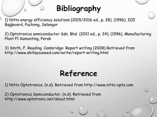 Bibliography
1) Nitto energy efficiency solutions (2015/2016 ed., p. 28). (1996). IOI
Boulevard, Puchong, Selangor
2) Optotronics semiconductor Sdn. Bhd (2011 ed., p. 24). (1996). Manufacturing
Plant P1 Kamunting, Perak
3) Smith, F. Reading. Cambridge: Report writing (2008) Retrieved from
http://www.skillsyouneed.com/write/report-writing.html
Reference
1) Nitto Optotronics. (n.d). Retrieved from http://www.nitto-opto.com
2) Optotronics Semiconductor. (n.d). Retrieved from
http://www.optotronic.net/about.html
 