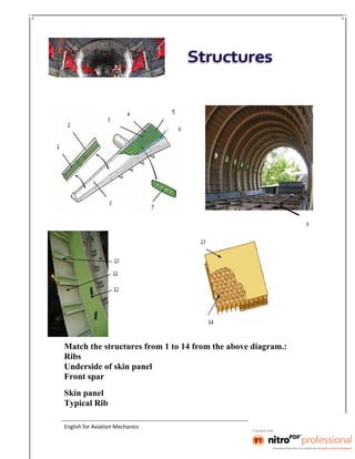 Match the structures from 1 to 14 from the above diagram.:
Ribs
Underside of skin panel
Front spar
Skin panel
Typical Rib
 