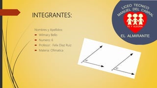 INTEGRANTES:
Nombres y Apellidos:
 Wilmary Bello
 Numero: 6
 Profesor: Felix Diaz Ruiz
 Materia: Ofimatica
 