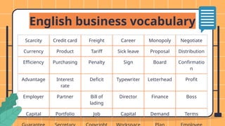 English business vocabulary
Scarcity Credit card Freight Career Monopoly Negotiate
Currency Product Tariff Sick leave Proposal Distribution
Efficiency Purchasing Penalty Sign Board Confirmatio
n
Advantage Interest
rate
Deficit Typewriter Letterhead Profit
Employer Partner Bill of
lading
Director Finance Boss
Capital Portfolio Job Capital Demand Terms
 
