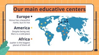 Our main educative centers
Europe
America
Venus has a beautiful
name, but it’s hot
Despite being red,
Mars is a cold place
Africa
Jupiter is the biggest
planet of them all
 