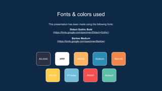 Fonts & colors used
This presentation has been made using the following fonts:
Didact Gothic Bold
(https://fonts.google.com/specimen/Didact+Gothic)
Barlow Medium
(https://fonts.google.com/specimen/Barlow)
#2c3045 #ffffff #ffb462 #2d8cb5
#ffcd50 #71bdda #f54f4f #5ebea7
#f28749
 