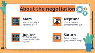 About the negotiation
Mars
Mars is actually a
very cold place
Neptune
It’s the farthest
planet from the Sun
Jupiter
It’s the biggest
planet in the Solar
System
Saturn
Saturn is a gas
giant and has rings
 