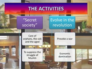 “Secret             Evolve in the
society”             revolution

    Care of
orphans, the sick      Provoke a war
  and the aged


To suppress the
                         Economic
  struggle of
                        domination
    Muslim
 