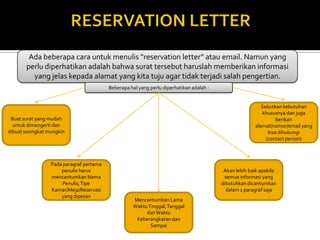 Ada beberapa cara untuk menulis “reservation letter” atau email. Namun yang
perlu diperhatikan adalah bahwa surat tersebut haruslah memberikan informasi
yang jelas kepada alamat yang kita tuju agar tidak terjadi salah pengertian.
Beberapa hal yang perlu diperhatikan adalah :

Sebutkan kebutuhan
khususnya dan juga
berikan
alamat/nomor/email yang
bisa dihubungi
(contact person)

Buat surat yang mudah
untuk dimengerti dan
dibuat sesingkat mungkin

Pada paragraf pertama
penulis harus
mencantumkan Nama
Penulis, Tipe
Kamar/Meja/Reservasi
yang dipesan

Akan lebih baik apabila
semua informasi yang
dibutuhkan dicantumkan
dalam 1 paragraf saja
Mencantumkan Lama
Waktu Tinggal, Tanggal
dan Waktu
Keberangkatan dan
Sampai

 