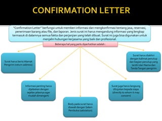 “Confirmation Letter” berfungsi untuk memberi informasi dan mengkonfirmasi tentang jasa, reservasi,
penerimaan barang atau file, dan laporan. Jenis surat ini harus mengandung informasi yang lengkap
termasuk di dalamnya semua fakta dan perjanjian yang telah dibuat. Surat ini juga bisa digunakan untuk
menjalin hubungan kerjasama yang baik dan profesional.
Beberapa hal yang perlu diperhatikan adalah :

Surat harus diakhiri
dengan kalimat penutup
dan bagian penutup yang
terdiri dari Nama dan
Tanda Tangan pengirim

Surat harus berisi Alamat
Pengirim (return address)

Informasi penting harus
dijelaskan dengan
sejelas-jelasnya agar
mudah dimengerti

Surat juga harus langsung
ditujukan kepada siapa
(directly to whom it may
concern)
Body pada surat harus
diawali dengan Salam
Pembuka (salutation)

 