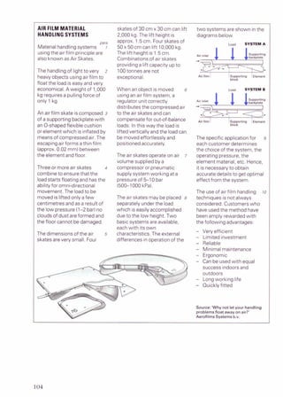 AIR FILM MATERIAL
HANDLING SYSTEMS
para
Materialhandlingsystems i
usingthe air film principleare
also known as Air Skates.
The handlingof light to very 2
heavy objects usingair film to
float the load is easy and very
economical.A weight of 1.000
kg requiresa pullingforce of
only 1kg.
An air film skate is composed 3
of asupporting backplatewith
an O-shapedflexible cushion
or element which is inflatedbv
skates of 30 cm x 30 cm can lift
2.000 kg.The lift height is
approx. 1.5cm. Four skates of
50 x 50 cm can lift 10,000 kg.
The lift height is 1.5cm.
Combinations of air skates
providinga liftcapacity upto
100tonnes are not
exceptional.
When an object is moved t
usingan air film system, a
regulator unit correctly
distributes the compressedair
to the air skates and can
compensatefor out-of-balance
loads. Inthis way the load is
liftedverticallvand the loadcan
means of compressedair. he be movedeffortlessly and
escapingair forms athin film positionedaccurately.
lapprox. 0.02 mm)between
the element andfloor.
Three or more air skates 4
combineto ensurethat the
loadstarts floating and hasthe
abilityfor omnidirectional
movement.The loadto be
moved is lifted only afew
centimetres and as a result of
the low pressure(1-2 bar)no
clouds of dust are formed and
the floor cannot be damaged.
The dimensionsof the air 5
skates are very small. Four
The air skates operate on air 7
volume supplied by a
compressoror pneumatic
supply system working at a
pressureof 5-10 bar
(500-1000 kPa).
The air skates may be placed 8
separately under the load
which is easilyaccomplished
due to the low height.Two
basic systems are available.
each with its own
characteristics.The external
differences in operation of the
two systems are shown in the
diagrams below.
~oad SYSTEM A
supporting
backplate
5
*
-
~ i r
film I lsupponing / E I ~ ~
block
~oad SYSTEM B
Air inlet
backplate
block
The specific applicationfor 9
each customer determines
the choice of the system, the
operatingpressure, the
element material, etc. Hence.
it is necessaryto obtain
accurate details to get optimal
effectfrom the system.
The use of air film handling lo
techniques is not always
considered. Customerswho
have usedthe method have
beenamply rewardedwith
the following advantages:
- Very efficient
- Limited investment
- Reliable
- Minimal maintenance
- Ergonomic
- Can be usedwith equal
success indoorsand
outdoors
- Longworking life
- Quickly fitted
Source:'Why not letyour handling
problemsfloat awayon air?
Aerofilms Systems b.v.
 