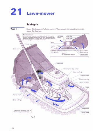 Task 1 Study this diagram of a lawn-mower.Then answer the questions opposite
about the diagram.
The arrows show the path of
the air and grass cuttings.
Fig. 1
 