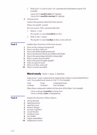 L With used + to verb or used +for -ing when the instrument is given. For
example:
A grass box is used tostore theclippings.
A grass box is usedfor storing theclippings.
2 Why questions
Answer this question about the lawn-mower.
W h yis the impeller rotated?
We can answer 'Why' questions like this:
1 With to +verb
The impeller is rotated toachieve air-flow.
2 With so that +clause
The impeller is rotatedso that air-flow can be achieved.
Task 5 Explain these functions of the lawn-mower.
1 How are the cuttings transported?
2 How is air-flowachieved?
3 How is the blade height positioned?
4 How is horizontal velocity provided to the blade?
5 How is the grass impacted with a sharp edge?
6 Why is a grass box provided?
7 Why is the grassbrought upright?
8 Why are spacersused?
9 Why is air-flowachieved?
10 Why is a motor provided?
Word study Noun + noun, 2:Junction
Some noun +noun compounds in engineering contain a noun formedfrom a
verb.You studiedsuch nouns in Unit 15.For example:
Verb Noun Compound noun
exchange exchanger heat exchanger
Often these compounds explainthe function of the object. For example:
A heat exchanger i s used toexchange heat.
A heat exchangerisfor exchanging heat.
Task 6 Explain the function of these objects:
1 shock absorber
2 signal generator
3 speed governor
4 battery charger
5 pressure regulator
6 circuit breaker
7 hardness tester
8 fuse holder
9 engine immobilizer
10 temperature sensor
 