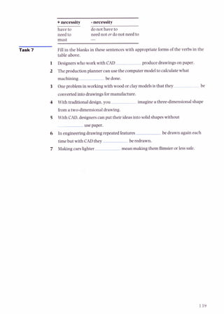 +necessity -necessity
have to do not have to
need to need not or do not need to
must -
Fill in the blanks in these sentences with appropriate forms of the verbs in the
table above.
1 Designerswho work with CAD produce drawingson paper.
2 The production planner can use the computer model to calculate what
machining be done.
3 One problem in working with wood or claymodelsis that they be
converted into drawingsfor manufacture.
4 With traditional design,you imagine a three-dimensional shape
from a two-dimensionaldrawing.
5 With CAD,designerscan put their ideasinto solid shapes without
use paper.
6 In engineering drawing repeated features be drawn again each
time but with CADthey be redrawn.
7 Making cars lighter mean making them flimsier or less safe.
 