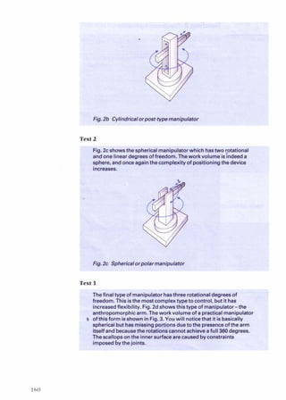 Text2
ere, and onceagainthecomplexity of positioningthe device
T a t 3
Thefinal type of manipulator hasthree rotationaldegreesof
freedom. This isthe mostcomplextype to control, but it has
increasedflexibilitv. Fia.2dshowsthistvve of manivulator-the
anthropomorphicarm.~he work volume'of a practicalmanipulator
i of this form isshown inFig.3. You will noticethat it is basically
sphericalbut hasmissing portions dueto the presenceof the arm
itself and becausethe rotationscannot achieveafull 360degrees.
The scallopson the innersurface arecausedbvconstraints
imposedbythejoints.
1%
-
 