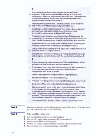 B
Just belowthe professionalengineersarethe technician
15 engineers.They requireadetailedknowledgeof a particular
technology-electrical, mechanical, electronic, etc. They may leac
teamsof engineeringtechnicians.Technicianengineersand
engineeringtechniciansmaywork as:
TesZ/Laboratorytechnicians:Theytest samplesofthe materials
zo andofthe productto ensurequality ismaintained.
Installationandservice technicians They ensurethat equipment
sold bythecompany is installedcorrectly andcarryout
preventativemaintenanceandessentialrepairs.
Productionplanningandcontroltechnicians: They producethe
25 manufacturinginstructionsand organizethe work of production s-
that itcan bedoneasquickly, cheaply, andefficiently as possible.
Inspectiontechnicians Theycheckandensurethat incoming and
outgoing componentsand productsmeetspecifications.
Debugtechnicians Theyfault find, repair, andtest equipment anc
30 productsdownto component level.
Draughtsmeniwomenanddesigners They producethe drawings
anddesigndocumentsfrom whichthe product ismanufactured.
The nextgradeare crafismenlwomen.Theirwork is highlyskilled
and practical. Craftsmenandwomen maywork as:
25 Toolmakers:They makedies and mouldingtoolswhich are usedto
punchandform metalcomponentsand produceplastic
componentssuch as car bumpers.
FittersTheyassemblecomponentsinto larger products.
Maintenancefitters:They repair machinery.
40 Welders: They do specializedjoining, fabricating, and repairwork.
ElectriciansTheywire and installelectricalequipment.
Operatorsrequirefewer skills. Manyoperatorjobsconsist mainly
of minding a machine, especiallynowthat moreand more
processesare automated. However, someoperatorsmay haveto
45 checkcomponentsproducedbytheir machinesto ensurethey are
accurate.They may requiretraining inthe useof instrumentssuch
as micrometers, verniers, or simple 'golno go' gauges.
Source:Adaptedfrom S. Moss&A.S. Watts, CareersinEngineering,3rdedition
Task 3 Combine answers with the others in your group. How many of the jobs listed
in Task 1are mentioned in the whole text?
Task 4 Who would be employed to:
1 test completed motors from a production line?
2 6nd out why a new electronicsassemblydoesnot work?
3 produce a mould for a car body part?
4 seethat the correct test equipment is availableon a production line?
5 find a cheaper way of manufacturing a crankshaft?
 