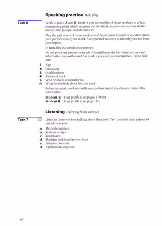 Speaking practice Role play
Task 6 Work in pairs. A and B. Each of you has profiles of three workers in a light
engineering plant which supplies car electrical components such as starter
motors. fuel pumps, and alternators.
Play the part of one of these workers and be prepared to answer questions from
your partner about your work. Your partner must try to identifyyour job from
your replies.
In turn, find out about your partner.
Do not give your partner your job title until he or she has found out as much
information as possible and has made a guessat your occupation. Try to find
out:
1 Age
2 Education
3 Qualifications
4 Nature of work
5 Who he/she isresponsibleto
6 What he/she feelsabout his/her work
Before you start, work out with your partner useful questions to obtain this
information.
StudentA: Your profile is on pages 179/80.
Student B: Your profile is on page 183.
Listening Inferring from samples
Task 7 B Listen to these workers talking about their jobs. Try to match each extract to
one of these jobs.
a Methodsengineer
b Systemsanalyst
c Toolmaker
d Machine tooldevelopmentfitter
e Foreman/woman
f Applicationsengineer
 