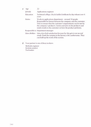Jobtitle Applications engineer
Education Technical college.City & Guilds Certificateby day release over 4
years
Duties Works in applications department - around 30 people.
Responsiblefor liaison between the company and the customer.
Tries to ensure that the customer's requirements can be met by
the company's products. Carries out tests on the products and
sendsresults to the customer on how the product performs.
Responsibleto Department manager
Likes/dislikes Gets a lot ofjob satisfactionbecause he/she gets to see an end
result. Finds the systemsin the factory a bit cumbersome. They
can hold up the work of the section.
2 Your partner is one of these workers:
Methods engineer
Systems analyst
Tool maker
 