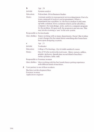 Jobtitle Systemsanalyst
Education Polytechnic,BA in BusinessStudies
Duties Assistant analyst in management servicesdepartment. Part of a
team composedof analysts and programmers. When a
department has a problem,he/she has to analyse it and come
up with a solution. If it is a solution which can be solvedby a
computer,the team design,write, and test a computer program
forthe problem.If it goeswell,the program is put into use. This
may involvetraining a 'user' in the new system.
Responsibleto Sectionleader
Likesldislikes Enjoys working with so many departments.Doesn't like it when
a user changes hislher mind about something after hours have
been spent designing a system.
Age 23
Jobtitle Toolmaker
Education Collegeof Technology,City & Guildssandwich course
Duties One of 50who work in the tool room -fitters,turners, millers.
grinder,jig borers. Spendstime on each kind of machine -
surface grinders, lathe,mill.
Responsibleto Foreman/woman
Likesldislikes Likes working with hislher hands.Enjoysgetting experience
with differentkinds of machines.
2 Your partner is one of these workers:
Machinetool developmentfitter
Foreman/woman
Applications engineer
 