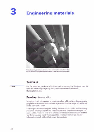 Engineering materials
Ribbed plasticpipes stackedneara roadconstruction site where they
will be laid for drainage along the sides ofa newsection of motormay.
Task 1 List the materials you know which are used in engineering. Combineyour list
with the others in your group and classify the materials as metals.
thermoplastics, etc.
Reading Scanning tables
In engineering it isimportant to practise reading tables,charts,diagrams, and
graphs because somuch information ispresented in these ways. Wew
i
l
lstart
in this unit with a table.
Scanningis the best strategy forfinding information in a table. With scanning.
you know before you read what sort of information you are searching for. To
scan a table, you move y o u eyesup and down the columns until you 6nd the
word or wordsyou want. Toscan quickly,you must learnto ignore any
information which will not help you with your task.
 