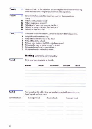Task 6 D Listen to Part 3 of the interview.Try to completethe information missing
from the timetable. Compareyour answers with a partner.
Task 8 Liiten to the last part of the interview.Answer these questions.
Part4
11 Whendoeshe practisesport?
12 Where can you goforsport?
13 What kind of sportscan you practise there?
14 What ishe goingto do after the Certificate?
15 What doeshe want to be?
Task 7 D Now listen to the whole tape. Answer these more difficult questions.
1 Why didDavid leavethe Navy?
2 Why did students dropout of the class?
3 Why did he dislikeschool?
4 Why domost studentsfindPSDa bit of a nuisance?
5 Why doeshe want toknow when it's raining?
6 Why doeshe not have to use the library?
7 Why doeshe enjoytechnologymost?
Writing Comparing and contrasting
Task 8 Write your own timetable in English.
MONDAY TUESDAY WEDNESDAY THURSDAY FRIDAY
Task 9 Now completethis table. Note any similaritiesand differencesbetween
David's week and your own.
David's subjects Hours per week Your subjects Hoursper week
 