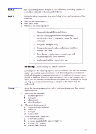 Task 2 List some of the potential dangers in your laboratory, workshop,or place of
work. How is the risk of these hazards reduced?
Task 3 Study the safety instructions from a workshop below, and then answer these
questions.
a Who are the instructions for?
b Who wrote them?
c What was the writer's purpose?
I 1 Wear protective clothing at all times.
I
2 Always wear eye protection whenoperating
lathes, cutters, and grinders and ensure the guard
is in place.
1 3 Keep your workplace tidy.
1
I 4 Theareasbetween benches and around machines
mustbe kept clear.
I
1 5 Toolsshouldbe put away when not in use and
I any breakages and losses reported
1 6 Machines should be cleaned after use,
Reading Understanding the writer'spurpose
Knowing what the writer's purposeis,who the writer is, and who the intended
readers are can help us to understand a text. The safety instructions in Task 3
are clearlyintendedto encourage employeesto be safety consciousand reduce
the risk of accidents. The writer is perhaps a supervisoror the companysafety
officer,and the intendedreaders are machine operatives.Knowing these things
can help us to work out the meaning of any part of the text we may not
understand.
Task 4 Study the company document on safety on the next page, and then answer
these questions.
1 Who is this document for?
a machine operatives
b managers
c allemployees
d injuredemployees
2 Who wrote this document?
a tradeunion representative
b technician
c manager
d medicalstaff
3 What is the writer's intention?
a to prevent accidents
b to ensure speedyhelp forinjured employees
c tn protect the company
d to warn about dangers
 