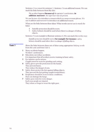 Sentence 2 is a reason for sentence 1.Sentence 3 is an additionalreason. We can
mark the links between them like this:
Theaccident happened becauseof the operator's carelessness.In
addition/moreover,the supervisor was not present.
We use because o
f to introduce a reason which is a noun or noun phrase. We
use in additionand moreover to introduce an additional reason.
What are the linksbetween these ideas?What wordscan we use to mark the
links?
4 Suitableprotection should be worn.
5 Safetyhelmets should be used where there is a danger of falling
objects.
Sentence 5 is an exampleto illustrate sentence 4. We can mark this in this way:
Suitableprotection should b
e worn.For example/Forinstance,sakty
helmets shouldbe used where there is adangeroffalling objects.
Task 7 Show the links between these sets of ideas using appropriate linking woru.
from this unit and from Unit 4.
1 Many accidents happen.
Workers' carelessness.
2 Education can reduce accidents.
It is important that all workersreceive training in basic safety.
3 Eye injuries can be serious.
Gogglesmust be worn for grinding and cutting.
4 Safetygloves provide protection for the hands.
They prevent burns.
They reduce the danger of cuts.
5 Safetyshoesprotect the feet against fallingobjects.
They prevent the feet getting caught in machinery.
6 Respiratorsshould be worn in dusty conditions.
Dust can damage the lungs.
7 Safetygear existsfor everydanger.
Each year people are injured.
They refuse or forget to wear the right gear.
 