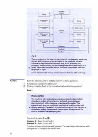lump
J
The control unit isthe heartof the system. Itreceivesandsends
signalswhich control allthe activitiesofthe machine. It isalsc
capableof diagnosingfaults which mayoccur, stoppingthe
program, and informing the serviceengineerwhat iswrong. Iti
30 small, dedicatedcomputer which, likeother computers, usesth
languageof logic.
Source: P. Fowler andM.Horsley, 'Contmlsystemsinthe home', CDE TTechnolo
Task 4 Read the following text to 6nd the answers to these questions:
1 What deviceisused tolockthe door?
2 What providesfeedbackto thecontrolunit about the doorposition?
Doorposition
The machinewill notSLUI t ally plugram w~l~rrsthedoor
isfully
closedand locked. Whenthe door isclosed, itcompletesan
electricalcircuit which heatsupa heat-sensitivepellet. This
expandsas itgets hot, pushinga mechanicallockintoplaceand
closingaswitch. The switch signalsthe control unitthat thedoor is
closedand locked. Onlywhen ithasreceivedthis signalwill the
control unitstartthewash pronram~
Now work inpairs. A and B.
StudentA: Read Texts 2 and 3.
StudentB: ReadTexts4 and 5.
Completeyour sectionof the tableopposite.Thenexchangeinformationwith
your partner to completethe wholetable.
 