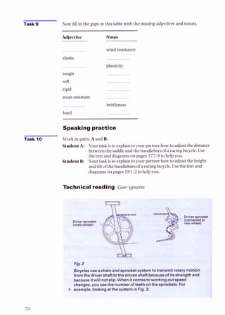 Task 9 Now fill in the gaps in this table with the missing adjectives and nouns.
Adjective Noun
elastic
tough
wind resistance
plasticity
soft
rigid
wear-resistant
hard
brittleness
Speaking practice
Task 10 Work in pairs. A and B.
Student A: Your task isto explain to your partner how to adjust the distance
between the saddleand the handlebars of a racing bicycle. Use
the text and diagrams on pages 17718 to helpyou.
Student B: Your task is to explainto your partner how to adjust the height
and tilt of the handlebars of a racing bicycle. Use the text and
diagrams on pages 18112 to help you.
Technical reading Gear systems
a Fig. 3
Bicyclesuseachain andsprocketsystemto transmitrotarymotion
from the drivershaftto the drivenshaft becauseof itsstrenathand 1
 