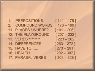 PREPOSITIONS  [ 141 – 175 ] COMPOUND WORDS  [ 176 – 190 ] 11.  PLACES / WHERE?  [ 191 – 206 ] 12.  THE PLAYGROUND  [ 207 – 222 ] 13.  VERBS ********  [ 223 – 262 ] 14.  DIFFERENCES  [ 263 – 272 ] 15.  HAVE TO …..  [ 273 – 291 ] 16.  HEALTH  [ 292 – 307 ] 17.  PHRASAL VERBS  [ 308 – 328 ] 