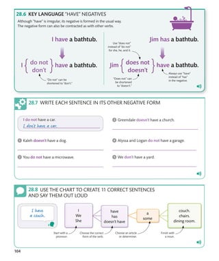 104
WRITE EACH SENTENCE IN ITS OTHER NEGATIVE FORM
KEY LANGUAGE “HAVE” NEGATIVES
Although “have” is irregular, its negative is formed in the usual way.
The negative form can also be contracted as with other verbs.
“Do not” can be
shortened to “don’t.”
Always use “have”
instead of “has”
in the negative.
Use “does not”
instead of “do not”
for she, he, and it.
“Does not” can
be shortened
to “doesn’t.”
USE THE CHART TO CREATE 11 CORRECT SENTENCES
AND SAY THEM OUT LOUD
Start with a
pronoun.
Finish with
a noun.
Choose the correct
form of the verb.
Choose an article
or determiner.
 