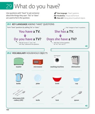 106
Use questions with “have” to ask someone
about the things they own. “Do” or “does”
are used to form the question.
New language “Have” questions
Vocabulary House and furniture
New skill Asking about household objects
KEY LANGUAGE ASKING “HAVE” QUESTIONS
VOCABULARY HOUSEHOLD OBJECTS
Form “have” questions by adding “do” or “does.”
What do you have?
“Has” changes to ”have” in questions.
Add “do” to turn “I,” “you,” “we,”
and “they” statements into questions.
Add “does” to form questions
for “he,” “she,” and “it.”
 