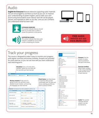 11
Audio
Track your progress
English for Everyone features extensive supporting audio materials.
You are encouraged to use them as much as you can, to improve
your understanding of spoken English, and to make your own
accent and pronunciation more natural. Each file can be played,
paused, and repeated as often as you like, until you are confident
you understand what has been said.
The course is designed to make it easy to monitor your progress,
with regular summary and review modules. Answers are provided
for every exercise, so you can see how well you have understood
each teaching point.
Review modules At the end of a
group of units, you will find a more
detailed review module, summarizing
the language you have learned.
Checklists Every unit ends with a
checklist, where you can check off
the new skills you have learned.
LISTENING EXERCISES
This symbol indicates that you should
listen to an audio track in order to
answer the questions in the exercise.
SUPPORTING AUDIO
This symbol indicates that extra audio
material is available for you to listen
to after completing the module.
Audio This symbol
indicates that the
answers can also
be listened to.
Check boxes Use these boxes
to mark the skills you feel
comfortable with. Go back and
review anything you feel you
need to practice further.
Exercise numbers
Match these numbers
to the unique identifier
at the top-left corner
of each exercise.
Answers Find the
answers to every
exercise printed at
the back of the book.
FREE AUDIO
website and app
www.dkefe.com
35
USE THE CHART TO CREATE 12 CORRECT SENTENCES AND SAY THEM
OUT LOUD
Start with
one of these
determiners.
Finish with one
of these nouns.
Choose the singular
or plural of “to be”
to match.
Choose a
determiner.
or name.
REVIEW THE ENGLISH YOU HAVE LEARNED IN UNITS 01–08
INTRODUCING YOURSELF
HOW OLD ARE YOU?
POSSESSIVE ADJECTIVES
APOSTROPHE WITH “S”
“THIS,” “THAT,”
“THESE,” AND “THOSE”
DETERMINERS AND PRONOUNS
NEW LANGUAGE SAMPLE SENTENCE UNIT
CHECKLIST
“These” and “those” Possessions Using determiners and pronouns
032-035_Beg_Unit_8_Talking_About_your_things.indd 35 22/01/2016 10:34
35
USE THE CHART TO CREATE 12 CORRECT SENTENCES AND SAY THEM
OUT LOUD
Start with
one of these
determiners.
Finish with one
of these nouns.
Choose the singular
or plural of “to be”
to match.
Choose a
determiner.
or name.
REVIEW THE ENGLISH YOU HAVE LEARNED IN UNITS 01–08
INTRODUCING YOURSELF
HOW OLD ARE YOU?
POSSESSIVE ADJECTIVES
APOSTROPHE WITH “S”
“THIS,” “THAT,”
“THESE,” AND “THOSE”
DETERMINERS AND PRONOUNS
NEW LANGUAGE SAMPLE SENTENCE UNIT
CHECKLIST
“These” and “those” Possessions Using determiners and pronouns
032-035_Beg_Unit_8_Talking_About_your_things.indd 35 22/01/2016 10:34
 
