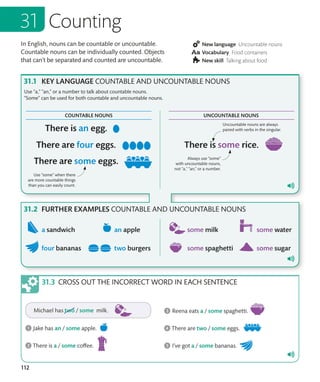 112
In English, nouns can be countable or uncountable.
Countable nouns can be individually counted. Objects
that can’t be separated and counted are uncountable.
New language Uncountable nouns
Vocabulary Food containers
New skill Talking about food
Counting
KEY LANGUAGE COUNTABLE AND UNCOUNTABLE NOUNS
Use “a,” “an,” or a number to talk about countable nouns.
“Some” can be used for both countable and uncountable nouns.
Use “some” when there
are more countable things
than you can easily count.
Always use “some”
with uncountable nouns,
not “a,” “an,” or a number.
Uncountable nouns are always
paired with verbs in the singular.
FURTHER EXAMPLES COUNTABLE AND UNCOUNTABLE NOUNS
CROSS OUT THE INCORRECT WORD IN EACH SENTENCE
COUNTABLE NOUNS UNCOUNTABLE NOUNS
 