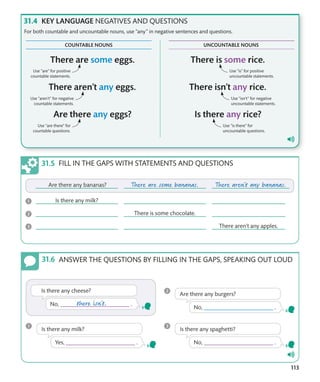 113
KEY LANGUAGE NEGATIVES AND QUESTIONS
For both countable and uncountable nouns, use “any” in negative sentences and questions.
Use “are” for positive
countable statements.
Use “aren’t” for negative
countable statements.
Use “are there” for
countable questions.
Use “is” for positive
uncountable statements.
Use “isn’t” for negative
uncountable statements.
Use “is there” for
uncountable questions.
FILL IN THE GAPS WITH STATEMENTS AND QUESTIONS
ANSWER THE QUESTIONS BY FILLING IN THE GAPS, SPEAKING OUT LOUD
COUNTABLE NOUNS UNCOUNTABLE NOUNS
 