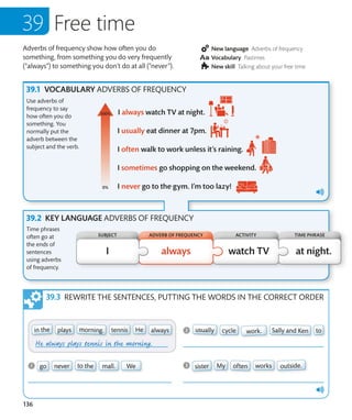 136
Adverbs of frequency show how often you do
something, from something you do very frequently
(“always”) to something you don’t do at all (“never”).
New language Adverbs of frequency
Vocabulary Pastimes
New skill Talking about your free time
Free time
KEY LANGUAGE ADVERBS OF FREQUENCY
Use adverbs of
frequency to say
how often you do
something. You
normally put the
adverb between the
subject and the verb.
Time phrases
often go at
the ends of
sentences
using adverbs
of frequency.
VOCABULARY ADVERBS OF FREQUENCY
REWRITE THE SENTENCES, PUTTING THE WORDS IN THE CORRECT ORDER
SUBJECT ADVERB OF FREQUENCY ACTIVITY TIME PHRASE
0%
100%
 