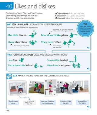 140
Verbs such as “love,” “like,” and “hate” express
your feelings about things. You can use
these verbs with nouns or gerunds.
New language “Love,” “like,” and “hate”
Vocabulary Food, sports, and pastimes
New skill Talking about what you like
Likes and dislikes
KEY LANGUAGE LIKES AND DISLIKES WITH NOUNS
FURTHER EXAMPLES LIKES AND DISLIKES WITH NOUNS
You can use these verbs to talk about nouns.
This means you really like it.
Use “do not” or “don’t” and “does not”
or “doesn’t” to make negative statements.
This is stronger
than “don’t like.”
TIP
“Don’t like” means
“dislike,” but people
use “don’t like” more
often in spoken
English.
MATCH THE PICTURES TO THE CORRECT SENTENCES
 