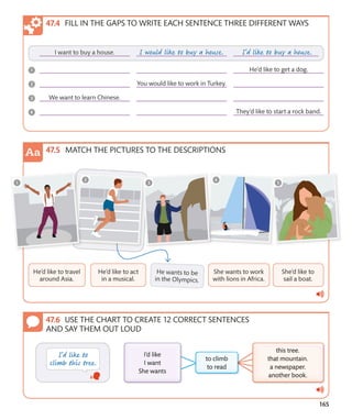 165
USE THE CHART TO CREATE 12 CORRECT SENTENCES
AND SAY THEM OUT LOUD
FILL IN THE GAPS TO WRITE EACH SENTENCE THREE DIFFERENT WAYS
MATCH THE PICTURES TO THE DESCRIPTIONS
 