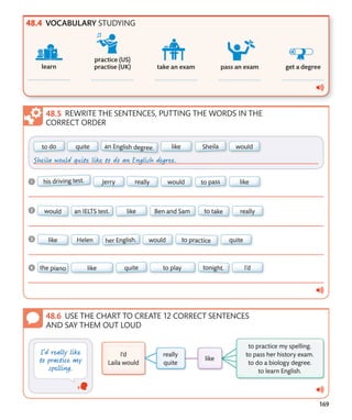 169
VOCABULARY STUDYING
REWRITE THE SENTENCES, PUTTING THE WORDS IN THE
CORRECT ORDER
USE THE CHART TO CREATE 12 CORRECT SENTENCES
AND SAY THEM OUT LOUD
 