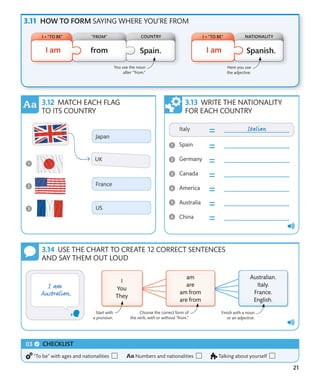 21
You use the noun
after ‘“from.”
Here you use
the adjective.
MATCH EACH FLAG
TO ITS COUNTRY
WRITE THE NATIONALITY
FOR EACH COUNTRY
USE THE CHART TO CREATE 12 CORRECT SENTENCES
AND SAY THEM OUT LOUD
Finish with a noun
or an adjective.
HOW TO FORM SAYING WHERE YOU’RE FROM
Start with
a pronoun.
Choose the correct form of
the verb, with or without “from.”
CHECKLIST
“To be” with ages and nationalities Numbers and nationalities Talking about yourself
COUNTRY NATIONALITY
“FROM” I + “TO BE”
I + “TO BE”
 