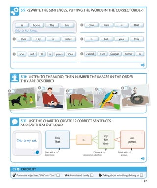 27
REWRITE THE SENTENCES, PUTTING THE WORDS IN THE CORRECT ORDER
LISTEN TO THE AUDIO, THEN NUMBER THE IMAGES IN THE ORDER
THEY ARE DESCRIBED
USE THE CHART TO CREATE 12 CORRECT SENTENCES
AND SAY THEM OUT LOUD
CHECKLIST
Possessive adjectives; “this” and “that” Animals and family Talking about who things belong to
Start with a
determiner.
Finish with
a noun.
Choose a
possessive adjective.
 