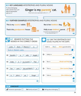 29
KEY LANGUAGE APOSTROPHES AND PLURAL NOUNS
To show belonging
with a plural noun, just
add an apostrophe
with no “s.” Plural nouns use an apostrophe with no “s.”
For plural nouns that don't end
“s,” you should still add “-’s.”
REWRITE PUTTING THE
WORDS IN THE CORRECT ORDER
FURTHER EXAMPLES APOSTROPHES AND PLURAL NOUNS
SAY THE SENTENCES OUT
LOUD, FILLING IN THE GAPS
CHECKLIST
Possessive apostrophe Family and pets Talking about belonging
 