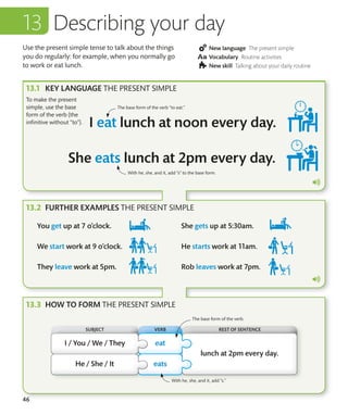 46
Use the present simple tense to talk about the things
you do regularly: for example, when you normally go
to work or eat lunch.
New language The present simple
Vocabulary Routine activities
New skill Talking about your daily routine
To make the present
simple, use the base
form of the verb (the
infinitive without “to”).
Describing your day
The base form of the verb “to eat.”
With he, she, and it, add “s” to the base form.
The base form of the verb.
With he, she, and it, add “s.”
KEY LANGUAGE THE PRESENT SIMPLE
FURTHER EXAMPLES THE PRESENT SIMPLE
HOW TO FORM THE PRESENT SIMPLE
SUBJECT VERB REST OF SENTENCE
 