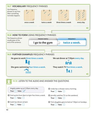 52
LISTEN TO THE AUDIO AND ANSWER THE QUESTIONS
VOCABULARY FREQUENCY PHRASES
HOW TO FORM USING FREQUENCY PHRASES
Use frequency
phrases to say how
often something
normally happens.
The frequency phrase
usually goes at the
end of the sentence.
FREQUENCY
PRESENT SIMPLE
FURTHER EXAMPLES FREQUENCY PHRASES
 